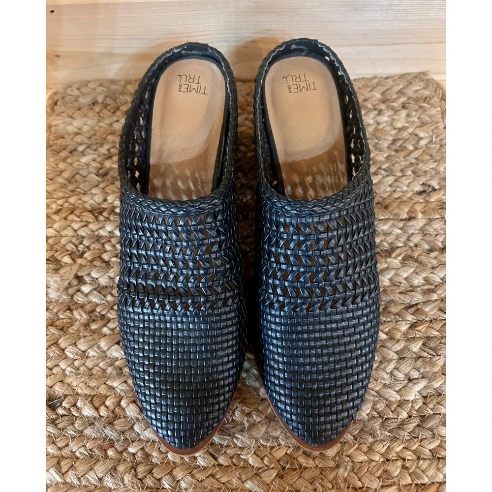 Time & True Mules Shoes Womens Size 9 Open Weave Stack Heel Clog Slides Black